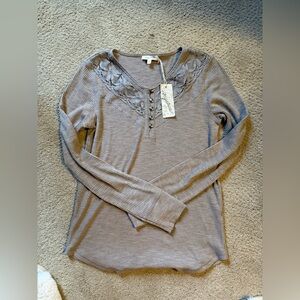 Mystree Lace Accent Ribbed Long Sleeve Top - taupe